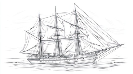 Sailing ship sketch, ocean waves background, nautical art, historical vessel illustration