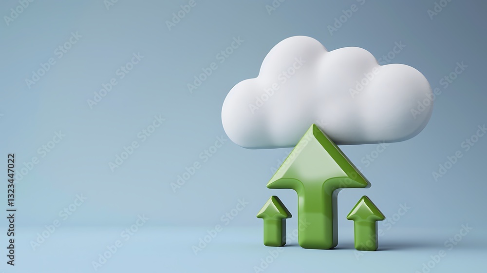 Poster green upward arrows and soft cloud representing growth and data transfer concept in minimalistic des