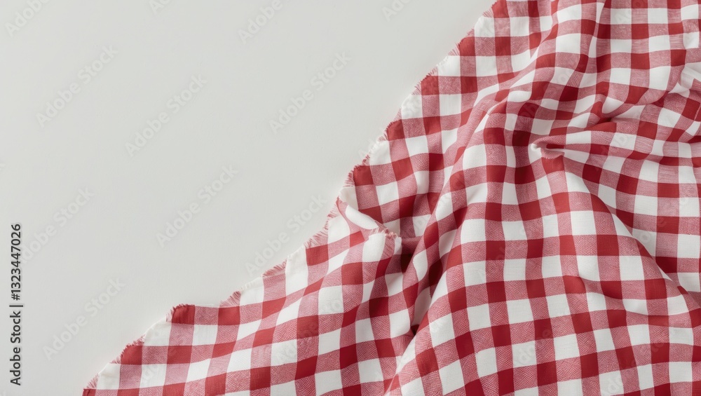 Poster red and white gingham fabric draped on a light gray background, creating a stylish banner with ample
