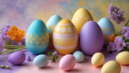 Colorful Easter eggs in pastel shades of blue, yellow, purple surrounded by flowers on a soft gradient background with a whimsical design.