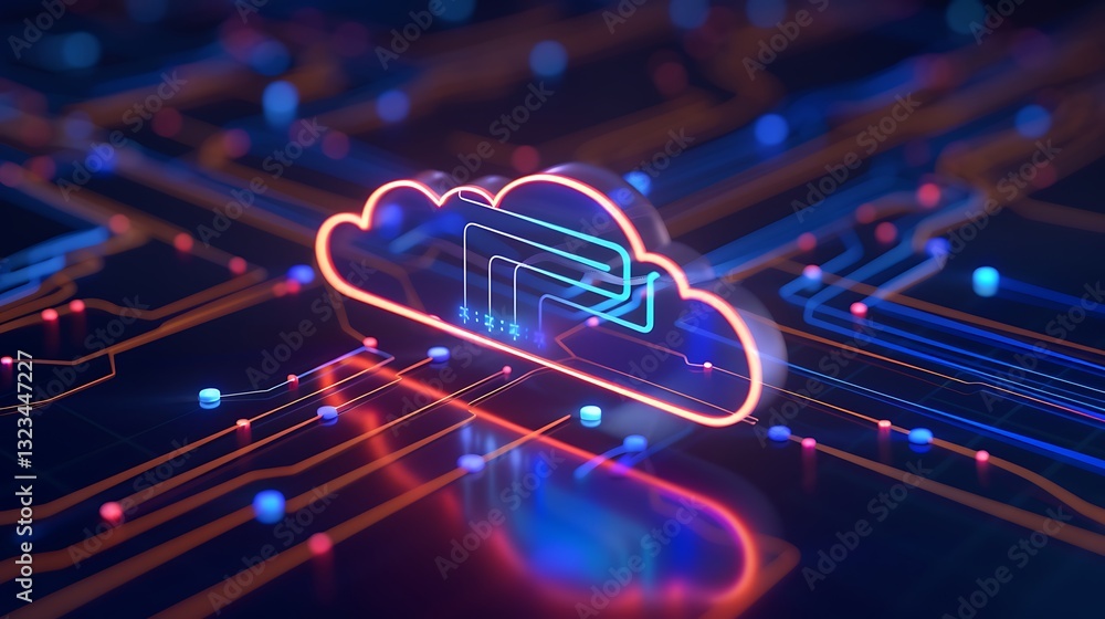 Poster high-tech digital cloud computing concept with bright circuit lines and neon colorful elements