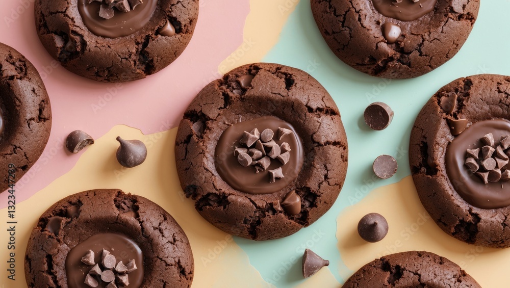 Poster chocolate cookies with chocolate chips arranged on a soft pastel pink and blue backdrop showcasing r