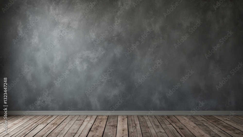 Poster Gray textured studio backdrop with wooden floor in the lower third creating a spacious area for text or design elements on the left side.