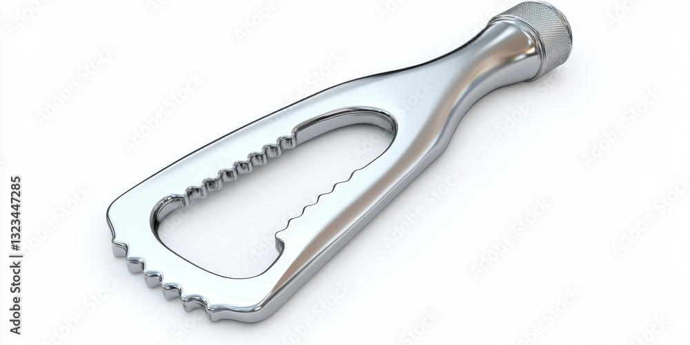 Poster close up view of a metallic, teardrop shaped object with a textured, serrated edge and a rounded top