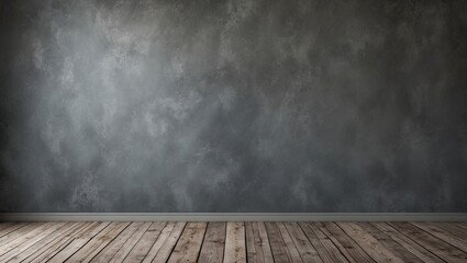 Gray textured studio backdrop with wooden floor in the lower third creating a spacious area for text or design elements on the left side.