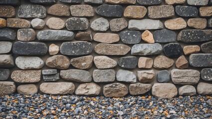 Textured gravel stone wall backdrop featuring a mix of light and dark stones in various shapes and sizes arranged horizontally with gravel below.