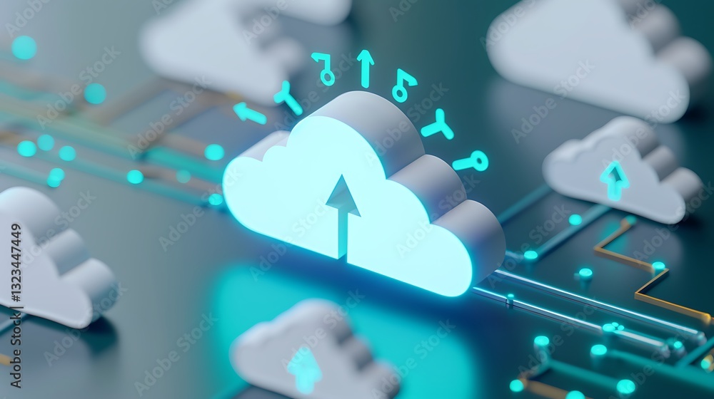 Poster innovative cloud technology concept with upload icon and music notes on a digital background