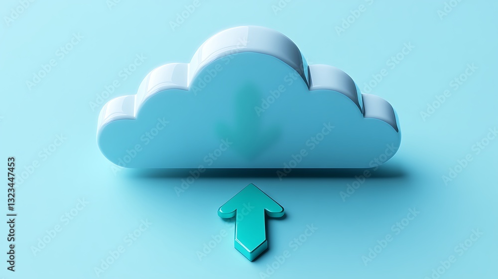 Poster light blue cloud with down arrow and up arrow symbolizing data transfer and storage in digital techn