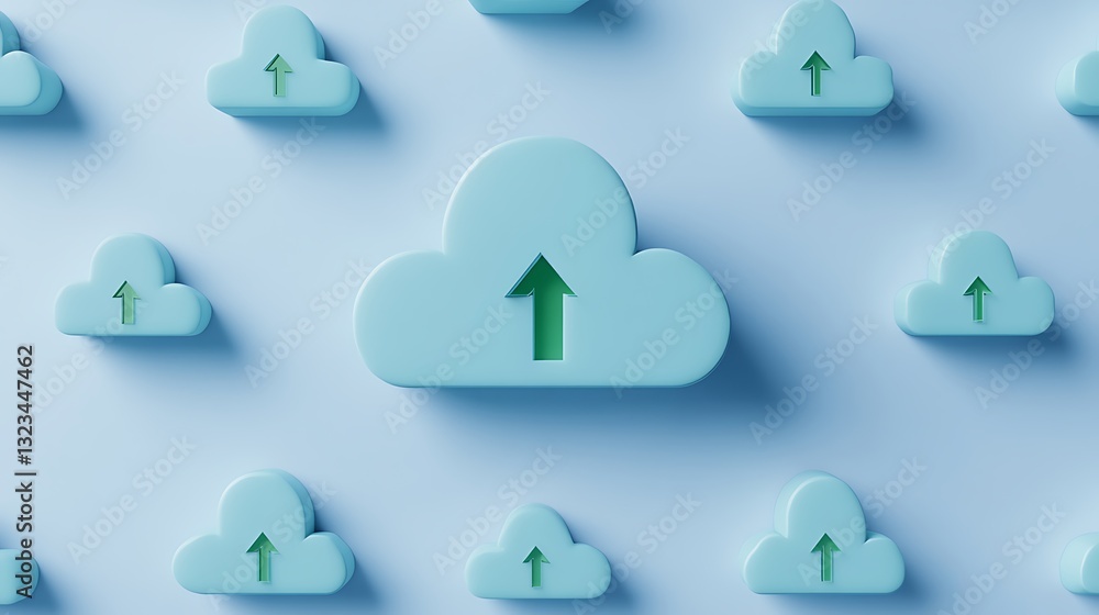 Poster light blue clouds with green upward arrows on a soft blue background for cloud computing concepts