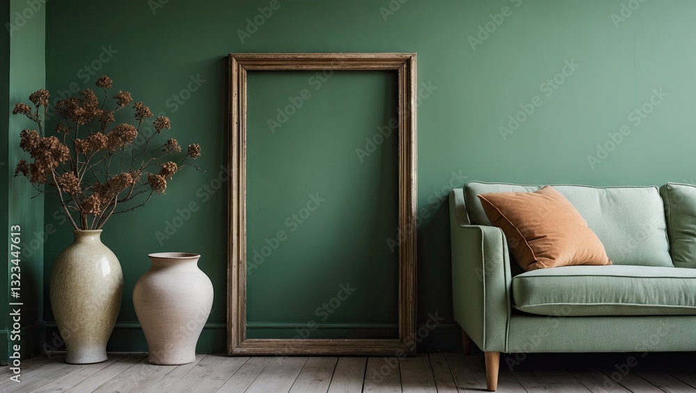 Poster elegant empty frame beside a beige vase and green sofa adorned with an orange cushion against a rich