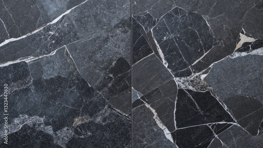 Poster dark marble texture with intricate white veining, featuring a split composition of two distinct patt