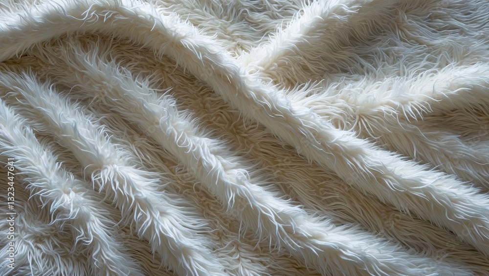 Aufkleber Soft white shaggy blanket texture with long plush fibers and subtle shadows creating depth and gentle waves for a cozy feel.