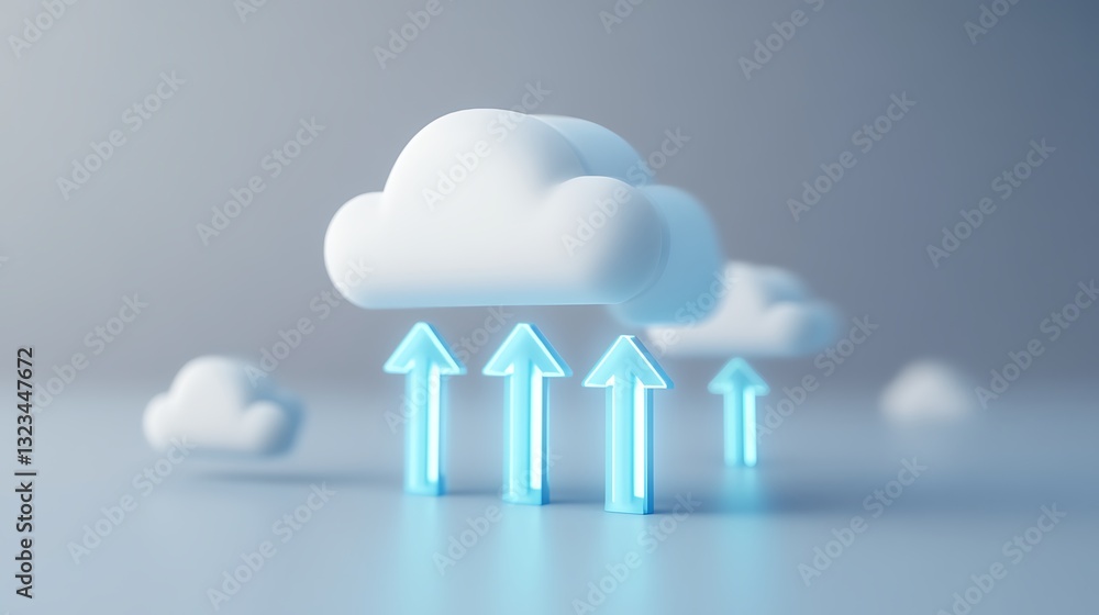 Poster minimalist digital cloud with blue arrows representing data upload and technology innovation in mode