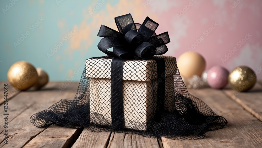 Poster gift box adorned with black netting and a black bow sits on rustic wood against a pastel pink and bl