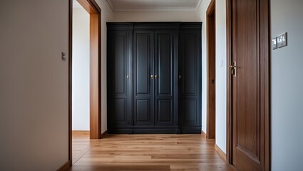 Cozy hallway with deep black wardrobe centered against light walls, wooden flooring in warm tones, doorways on either side inviting space.