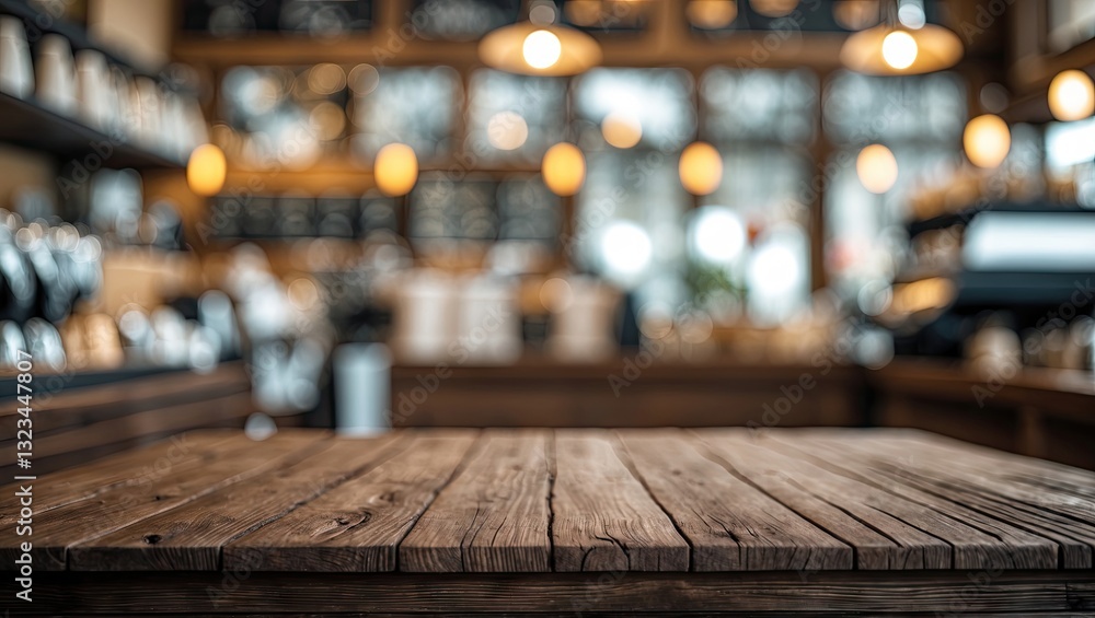 Fototapete empty rustic brown wooden table centered in the foreground with a softly blurred warm-lit coffee sho