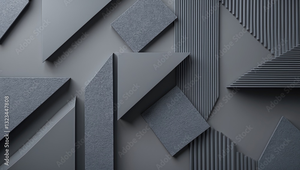 Poster abstract composition of gray geometric shapes and textured patterns on a dark gray background, ideal