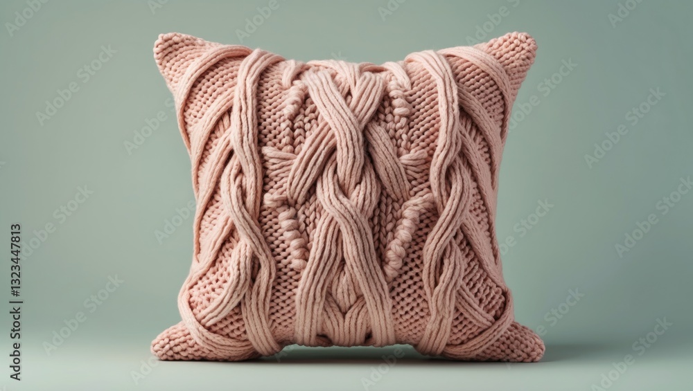 Poster decorative knitted cushion in soft pink color centered on a muted pastel green background showcasing