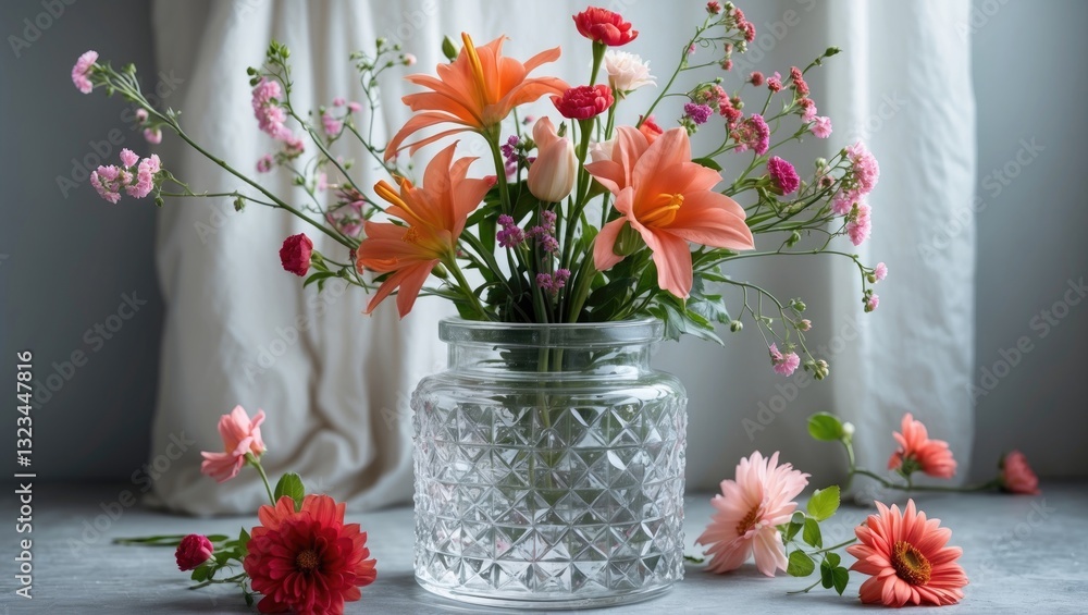 Poster colorful bouquet of orange lilies pink carnations and delicate blooms arranged in a clear crystal ja