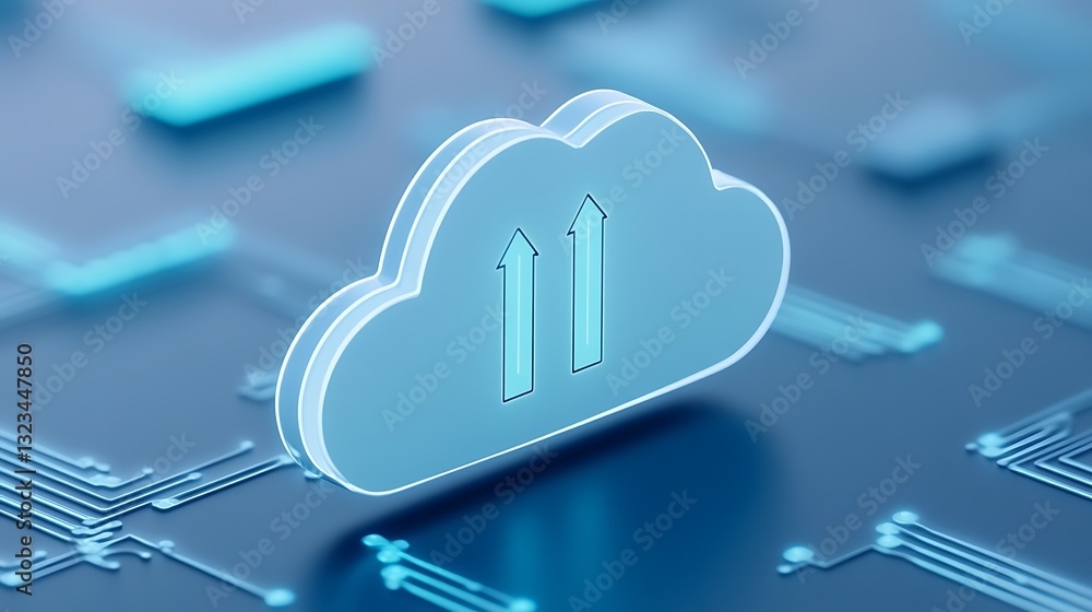 Poster modern blue cloud icon with upload arrows on digital circuit background for technology concepts