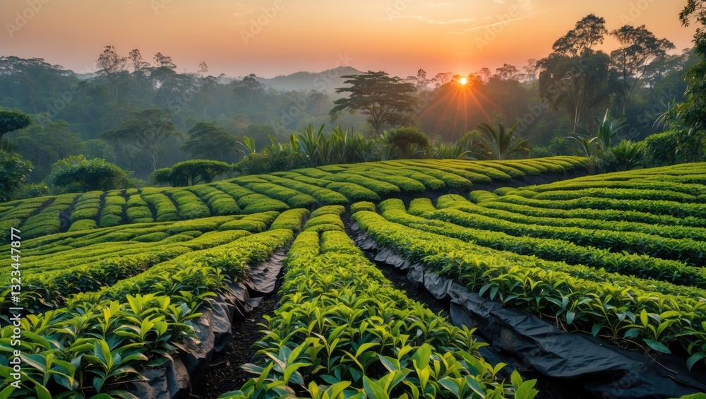 Poster Lush green tea plantation at sunset with vibrant orange sky and rolling hills creating ample copy space for text or design elements.