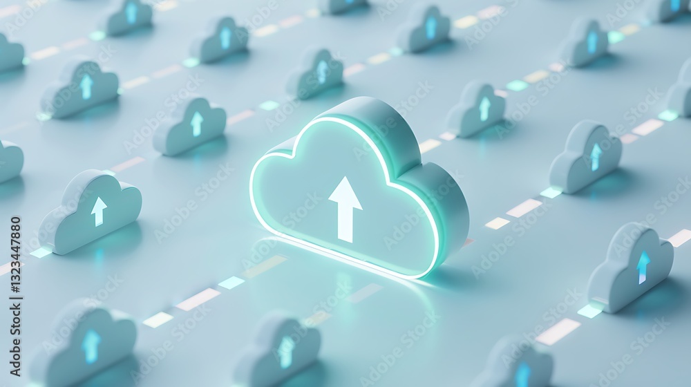 Poster modern cloud computing concept with 3d cloud icons and data upload symbols against soft blue backgro