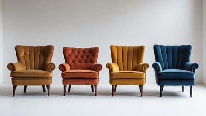 Four distinct armchairs in warm tones of brown, orange, mustard, and blue lined up symmetrically against a soft white background.