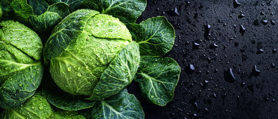 Fototapeta premium Cabbage with glistening water droplets against a rich black background for an organic food presentation
