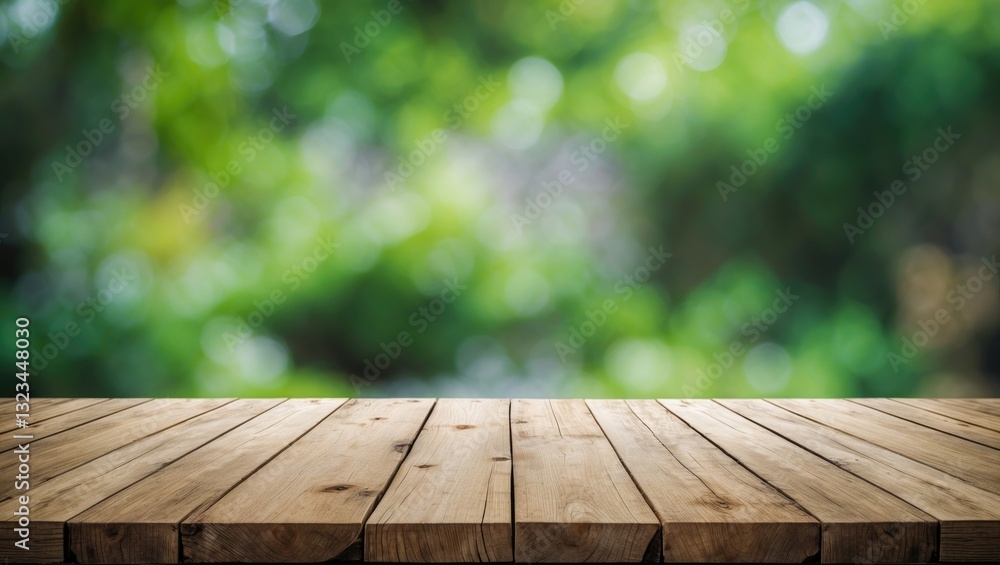 Poster wooden tabletop in foreground with a soft green and blurred natural background creating a tranquil, 