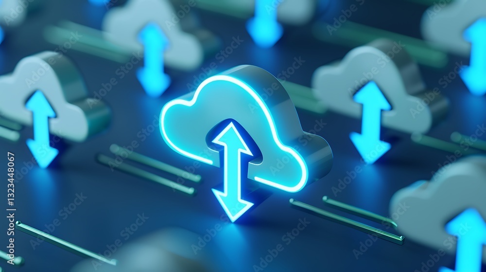 Poster modern cloud computing concept with download and upload arrows in a digital environment