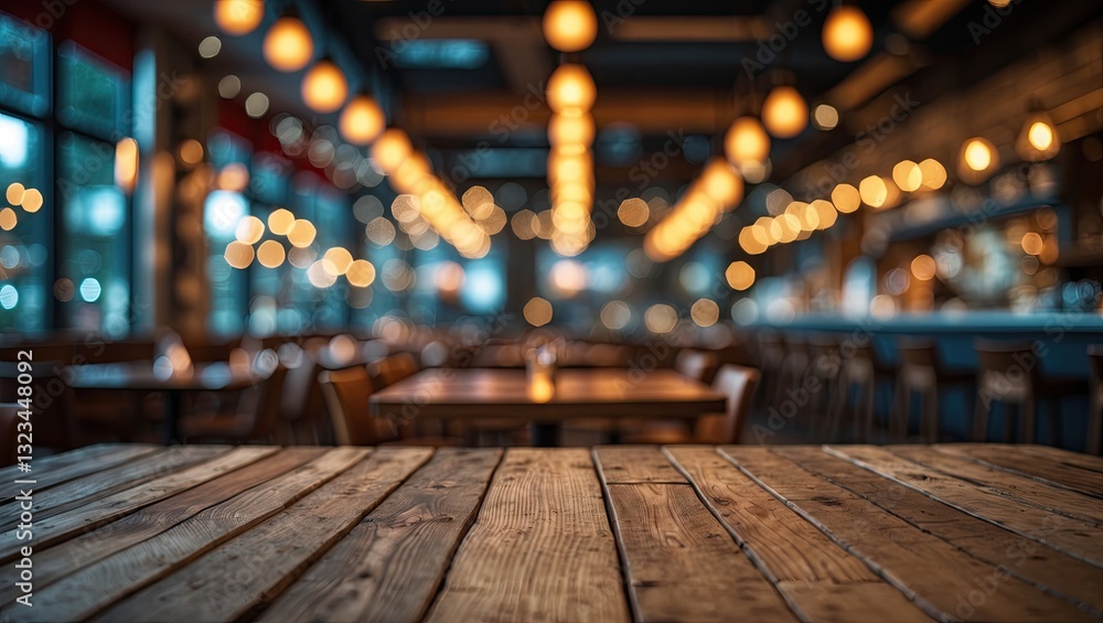 Poster wooden tabletop in the foreground with blurred restaurant background featuring warm yellow bokeh lig