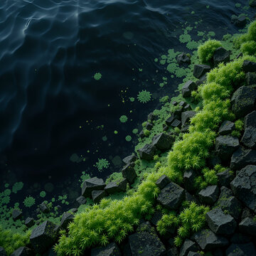 Contaminated Black Sea coast with green algae
