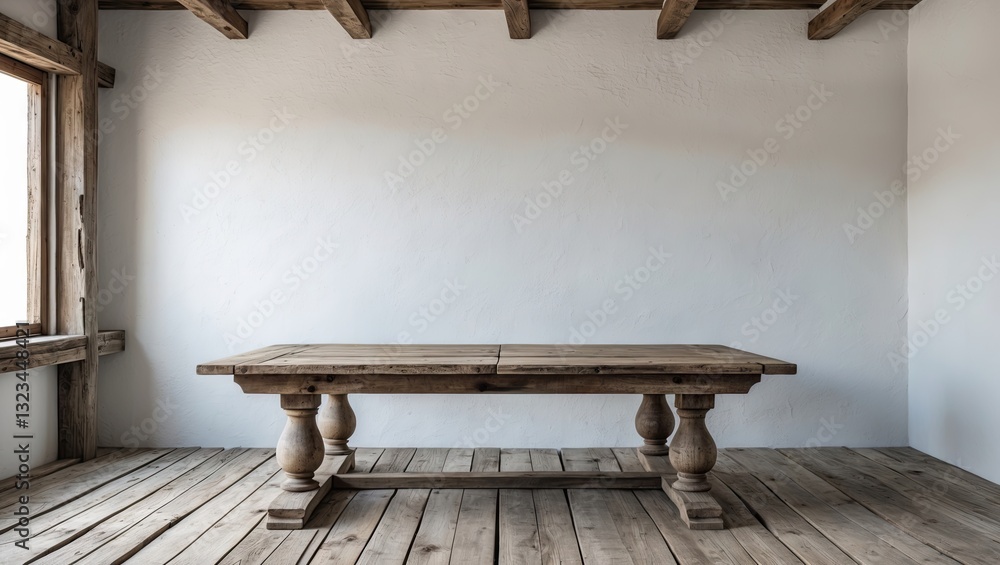 Poster rustic wooden table with a natural finish placed centrally in an empty room with light wooden floori