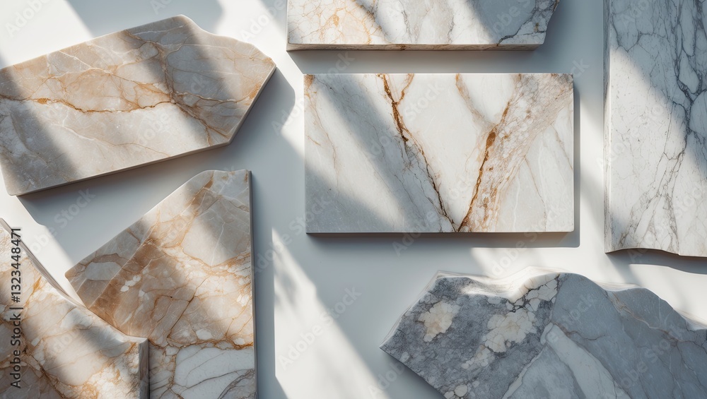Poster Natural marble stone slabs featuring elegant gray and white patterns with golden veins arranged on a light background showing shadows and textures.
