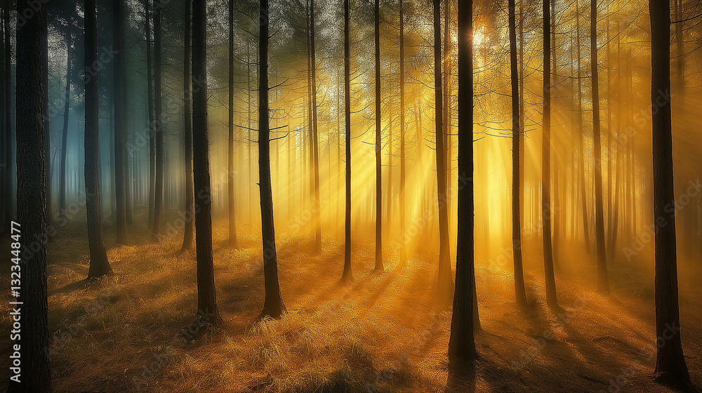 Poster a mystical redwood forest with golden light filtering through the trees.