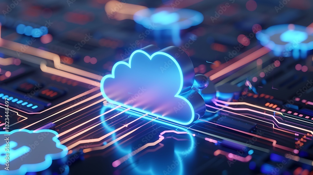 Poster modern cloud computing concept with neon lights and circuit board elements, digital technology and d