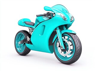 Obraz premium Light blue motorcycle on white background. The motorcycle is sleek and modern with a sporty design. The image is clean and simple, perfect for automotive or transportation related projects.