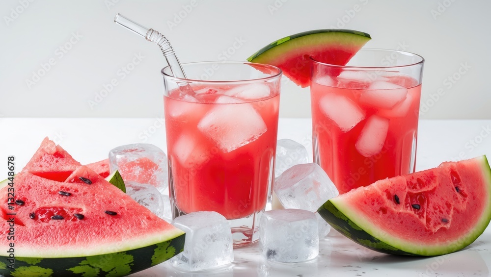 Poster refreshing summer watermelon mocktail with ice in two clear glasses alongside fresh watermelon slice