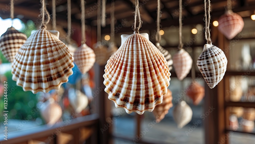 Leinwandbilder hanging decorative seashells in warm tones of beige and white, suspended from twine against a blurre
