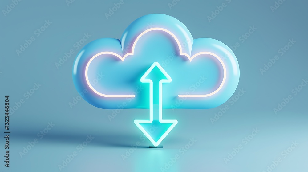 Poster modern cloud computing icon with neon arrows for upload and download representation in digital art
