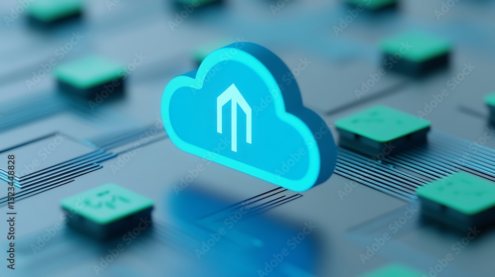 Poster modern cloud computing symbol on a network background with digital circuits and green elements