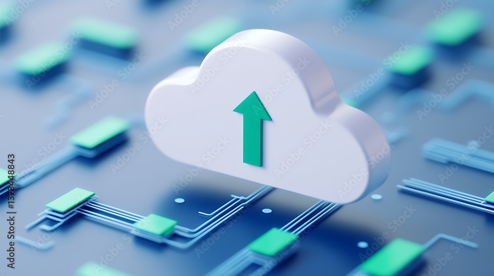 Poster modern cloud computing symbol with arrow on a digital circuit background representing data transfer 