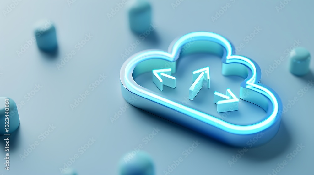 Poster modern cloud computing symbol with neon arrows for data transfer and seamless technology integration