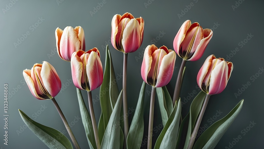 Poster pink and white tulips with green leaves arranged in a semi-circle on a soft grey background creating