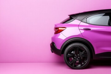 Rear view of a vibrant purple SUV against a matching purple background. The car's sleek design and shiny finish are highlighted, with black wheels and a black roof contrasting against the main body.