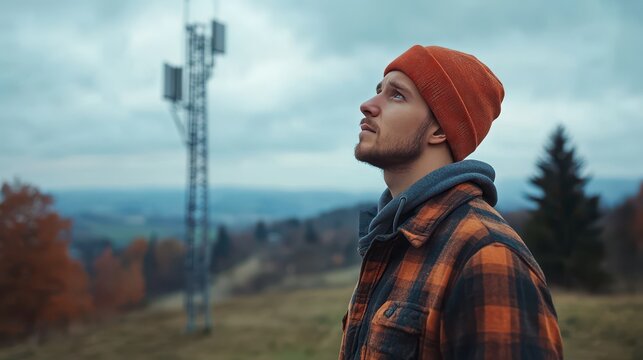 A Young Man in a Checkered Jacket and Beanie Gazes Upward Against a Remote Landscape with a Cellular Tower and Autumn Trees Nearby