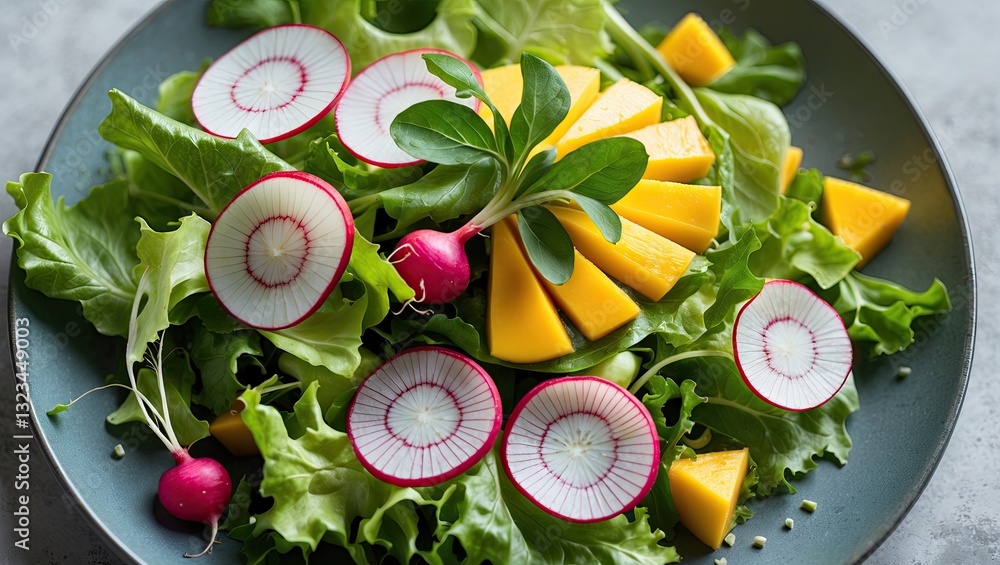 Poster vibrant top view of a fresh green salad with sliced radishes and mango on a dark plate surrounded by