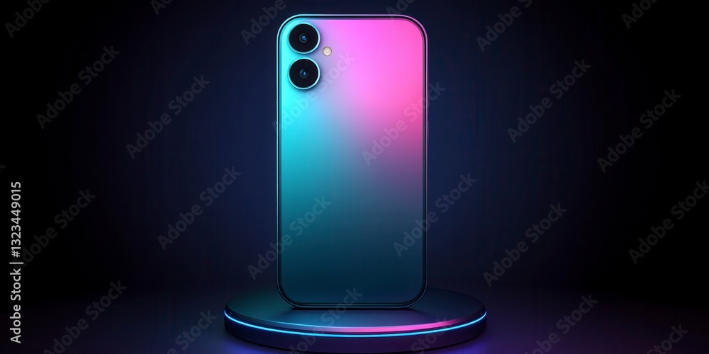 Poster smartphone with a vibrant pink and blue gradient back displayed on a circular platform against a dar