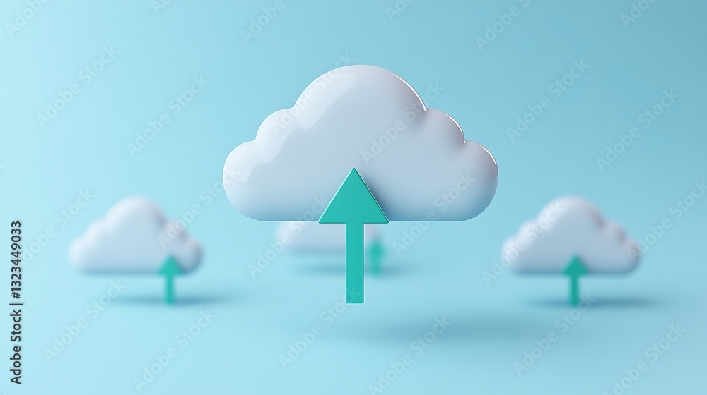 Poster modern cloud icon with arrow representing data upload on a soft blue background