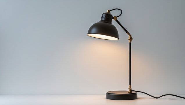 Modern black desk lamp with a sleek design positioned on a light wooden surface illuminating a gray wall with soft shadows.